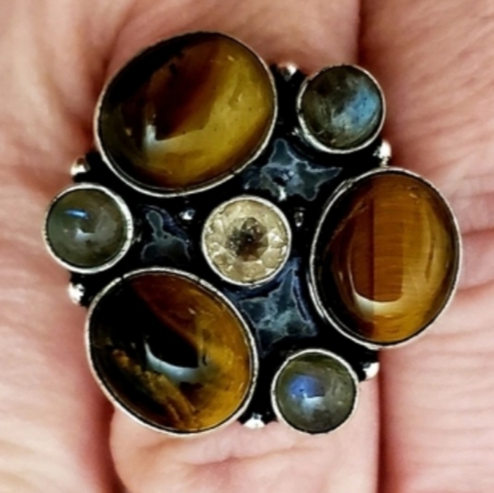 New Tiger Eye, Labradorite and Morganite 925 Silver Ring.
